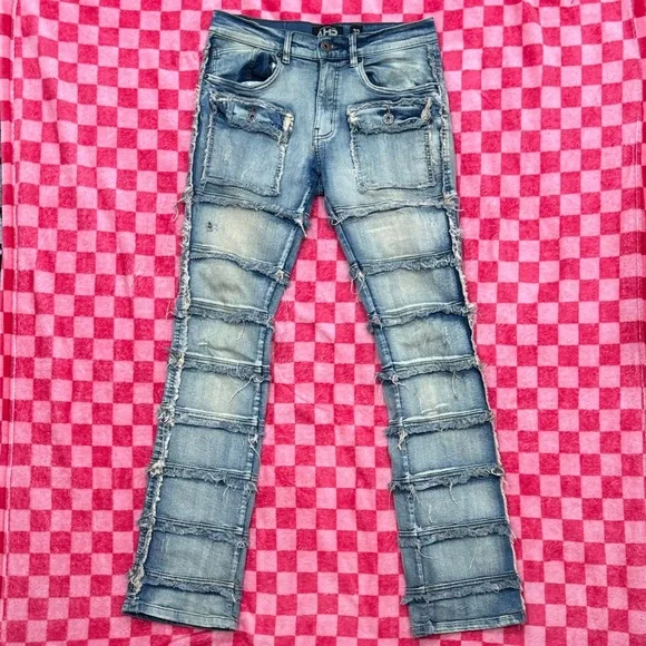 AHP Light Blue Stacked & Distressed Panel Jeans - Picture 1 of 9